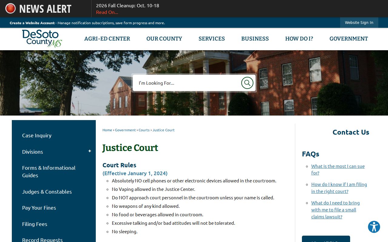 DeSoto County Justice Court page showing warrant authority and clerk contact for bench warrants