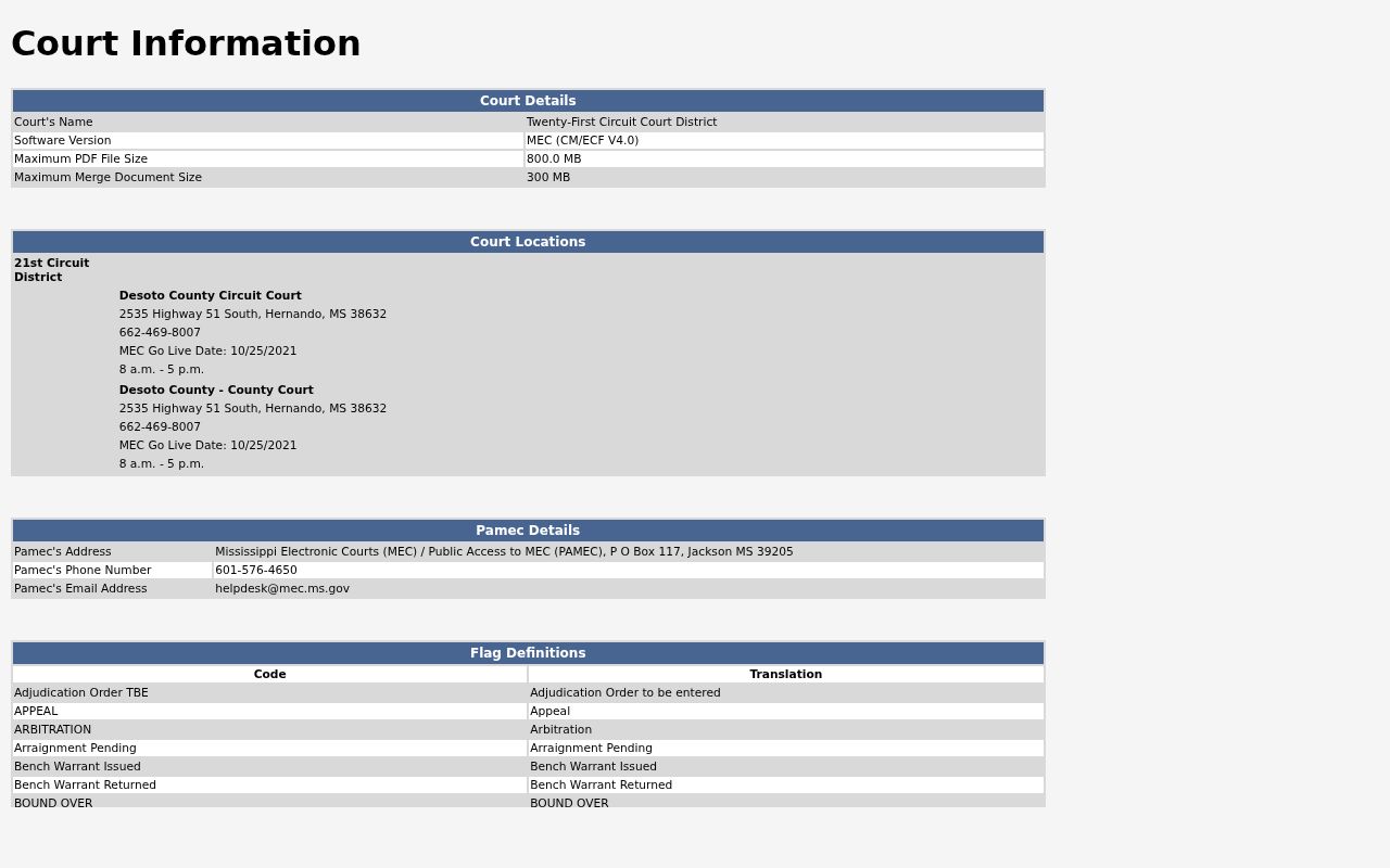 MEC court information page for DeSoto County showing case status labels used in warrant records