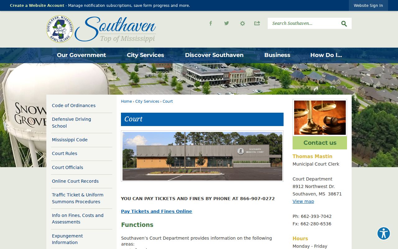 Southaven Municipal Court page showing address, schedule, and rules for DeSoto County city warrant matters