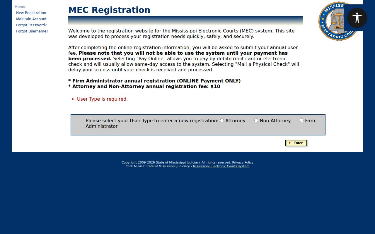 MEC public and non-attorney registration form used for DeSoto County warrant and case records