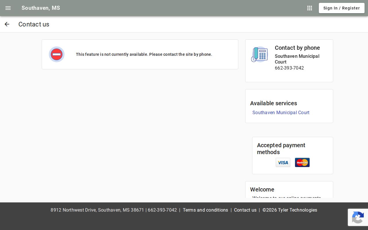 Southaven court portal contact page showing the fallback for Southaven warrant and citation questions