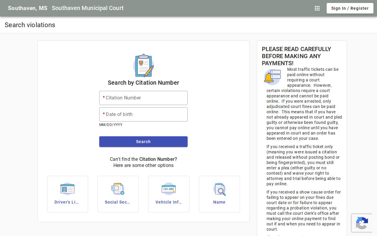 Southaven municipal court citation search tabs used for DeSoto County traffic warrant checks