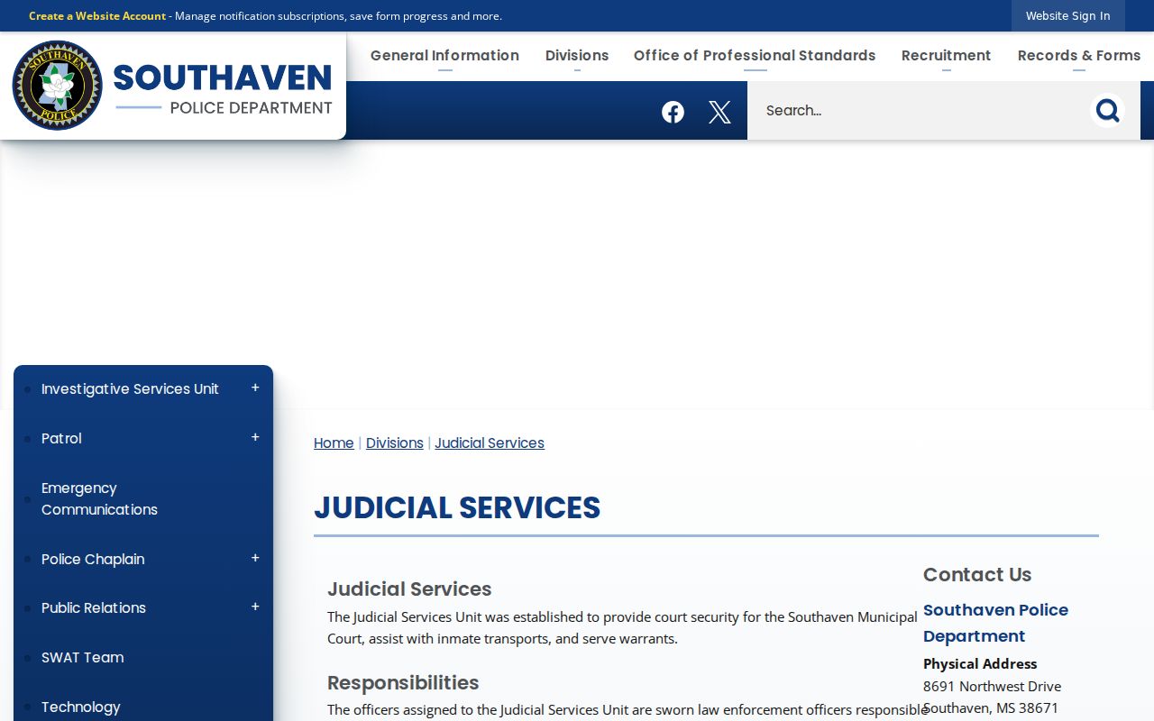 Southaven Police Judicial Services page covering warrants and court security for Southaven warrant records