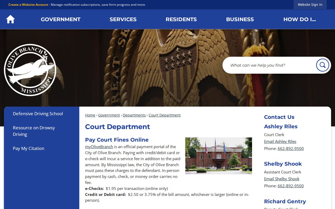 Olive Branch Municipal Court page showing contact and payment instructions for city warrant questions