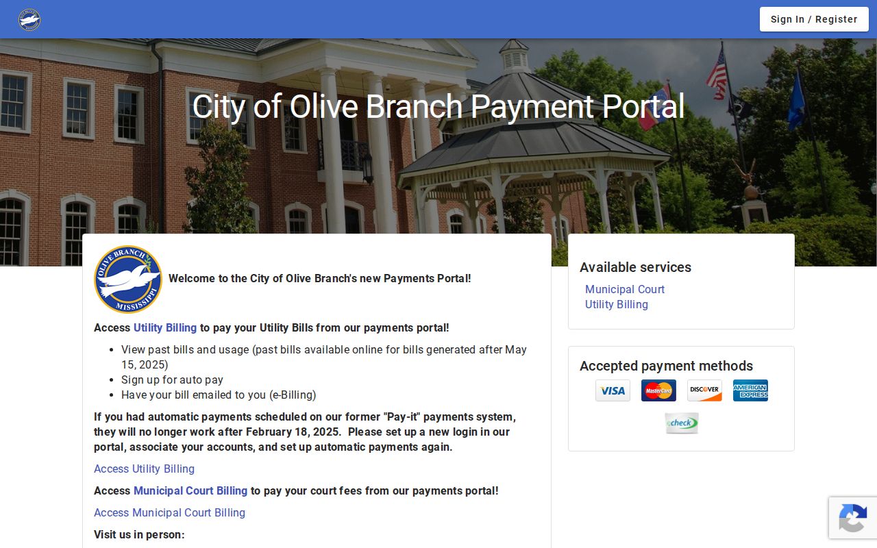 Olive Branch municipal billing portal showing the court billing tile used alongside warrant questions
