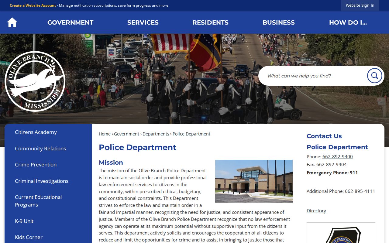 Olive Branch Police Department page showing records contacts and the absence of an Olive Branch warrant search