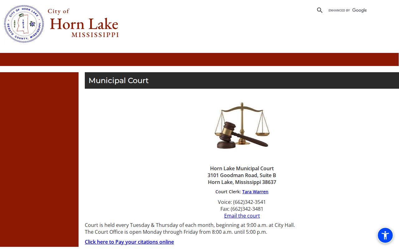 Horn Lake Municipal Court page showing the clerk contact and schedule for Horn Lake warrant records