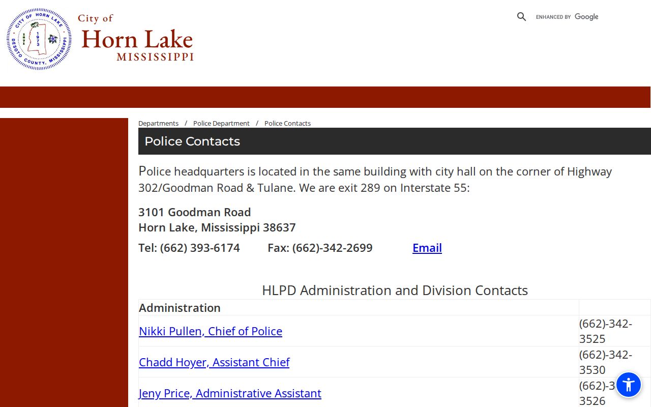 Horn Lake police contact page listing the records email used alongside Horn Lake warrant questions