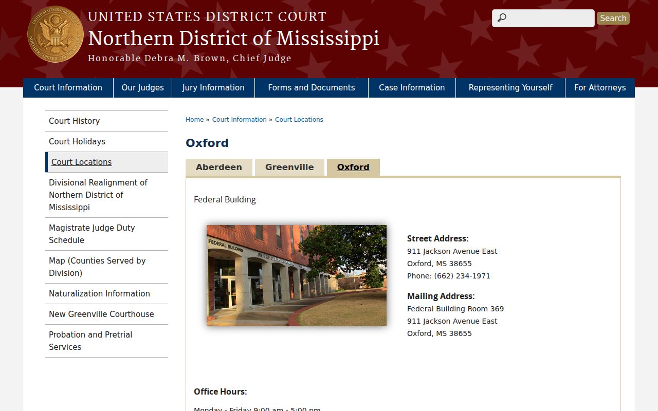 Oxford federal courthouse page serving DeSoto County for federal warrant and court matters