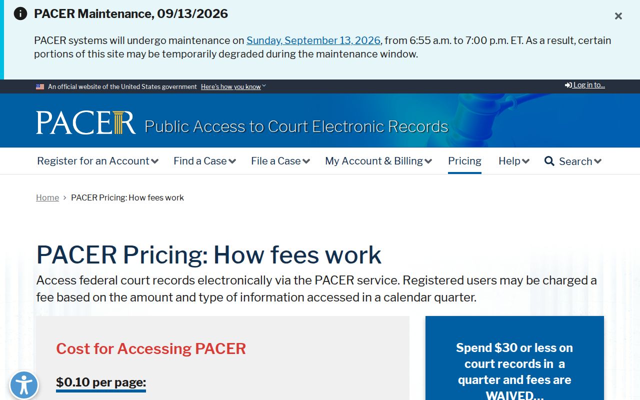 PACER pricing page used for federal docket access alongside DeSoto County warrant records